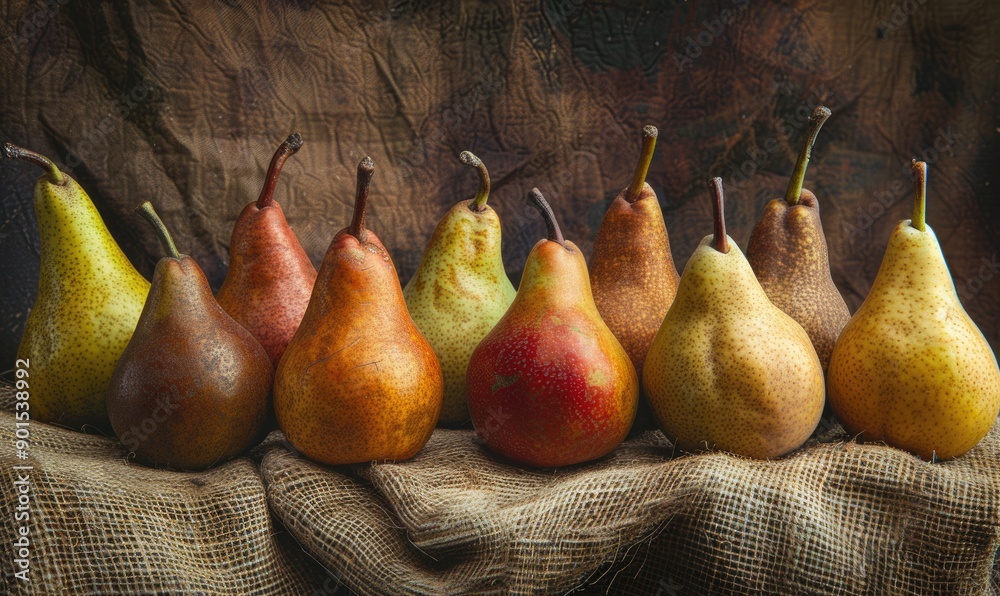 Poster Different varieties of pears on a burlap cloth