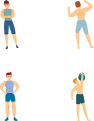 Strength training icons set cartoon vector. Man and woman during training. Physical activity concept