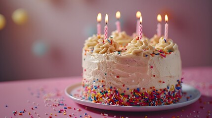 Birthday cake with colorful sprinkles, lit candles, pastel pink background, white frosting, celebratory dessert, vibrant party colors, soft studio lighting.