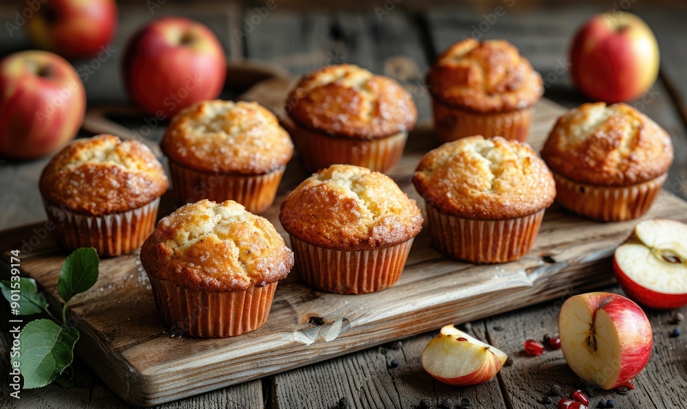 Poster Freshly baked apple muffins arranged on a wooden board