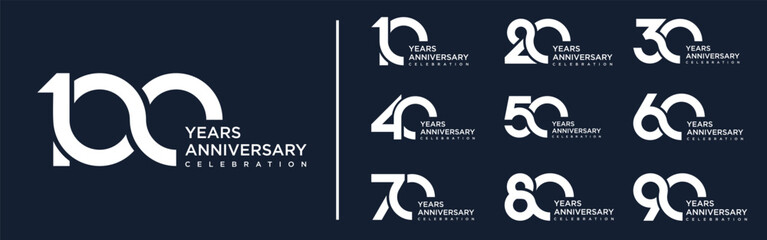 collection anniversary 10 to 100 year logo designs. abstract number for celebration event, wedding, greeting card, and invitation, vector illustration