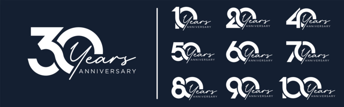 collection anniversary 10 to 100 year logo designs. abstract number for celebration event, wedding, greeting card, and invitation, vector illustration