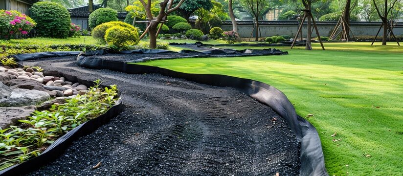 Installing geotextiles for a black and green lawn with copy space image.