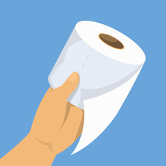 Hand holding roll of toilet paper. Vector illustration of a cleaning equipment. Concept of personal hygiene. White soft towel.