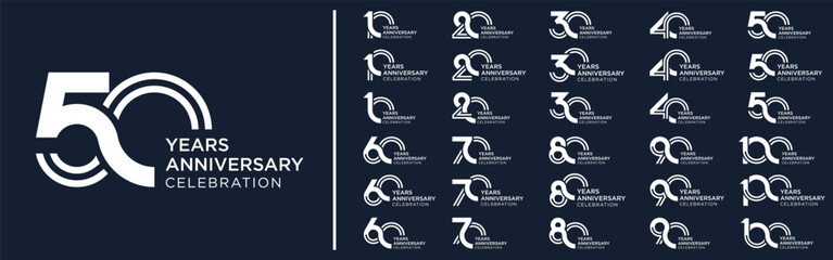 collection anniversary 10 to 100 year logo designs. abstract number for celebration event, wedding, greeting card, and invitation, vector illustration
