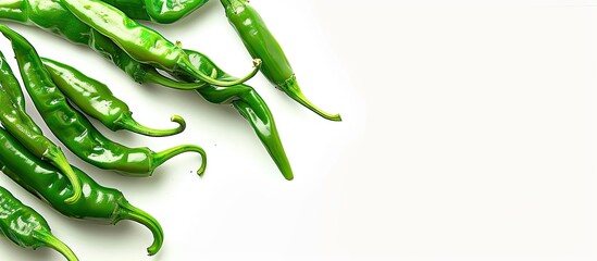 Green chili peppers displayed against a white backdrop, with copy space image.