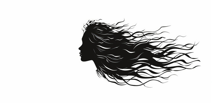 recommend clip art: Black silhouette of woman with flowing hair isolated on white background, 