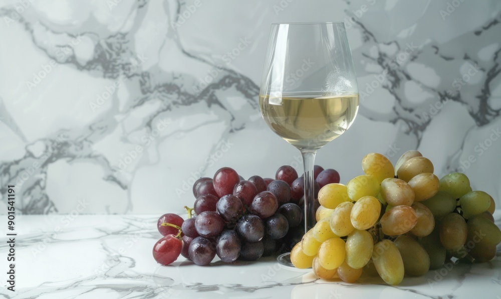 Wall mural grapes on a white marble background with a glass of white wine