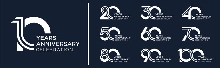 collection anniversary 10 to 100 year logo designs. abstract number for celebration event, wedding, greeting card, and invitation, vector illustration