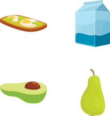 Healthy breakfast icons set cartoon vector. Fresh morning food and drink. Food, nutrition