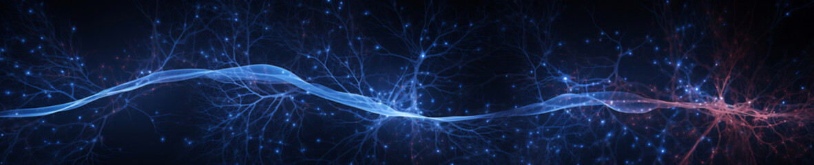 Fototapeta premium Veins and neural connections against the black backdrop. Futuristic abstract background with glowing lines and particles.