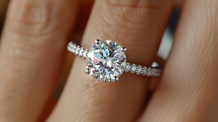 Diamond engagement ring, close-up, brilliant round cut, sparkling solitaire, platinum band, pave diamonds, worn on finger, soft focus background.