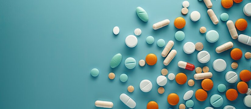 Various drugs like pills, tablets, and capsules arranged on a blue surface seen from above. There is room for text or other elements in the photo. image with copy space