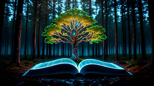Magical tree with glowing leaves growing from an open book in a mystical forest. Seamless looping 4k time-lapse animation video background