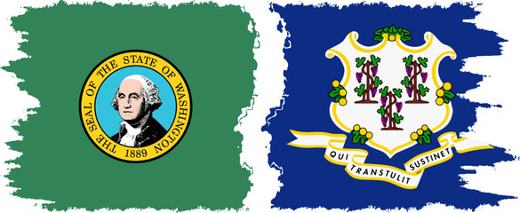 Connecticut and Washington states grunge brush flags connection, vector