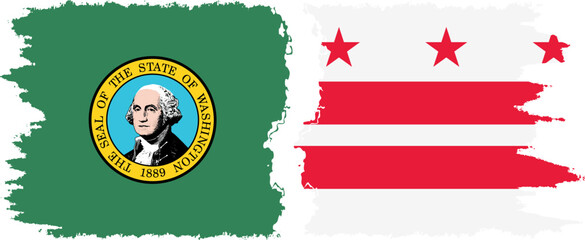 District of Columbia USA - Washington, DC and Washington state grunge brush flags connection, vector