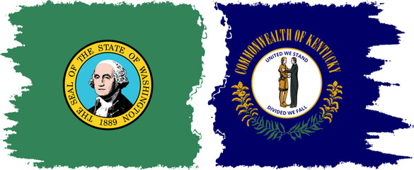 Kentucky and Washington states grunge brush flags connection, vector