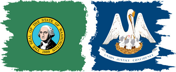 Louisiana and Washington states grunge brush flags connection, vector