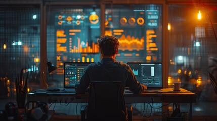 A Data Analyst Working Late at Night in a Brightly Lit Office. Generative AI