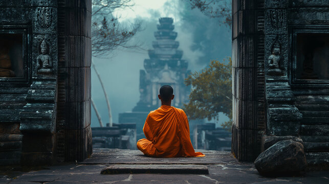 Tibetan monk in prayer concentrating to meditate