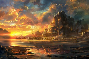 Golden City on a Cliff Overlooking a Vast Body of Water at Sunset