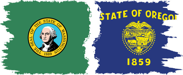 Oregon and Washington states grunge brush flags connection, vector