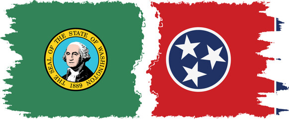 Tennessee and Washington states grunge brush flags connection, vector