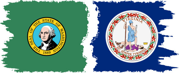 Virginia and Washington states grunge brush flags connection, vector