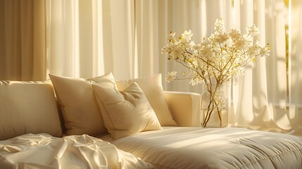 Elegant living room, cream-colored sofa, floor-to-ceiling curtains, soft diffused sunlight, golden hour glow, minimalist interior design, beige color palette.