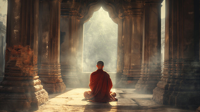 Tibetan monk in prayer concentrating to meditate