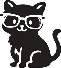 cute cat with sitting wearing glasses black silhouette vector illustration