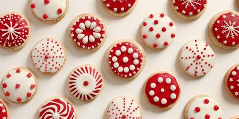 Fototapeta premium Festive, Decorative, Christmas, Holiday Cookies with Red and White Icing Patterns, Holiday Baking Concept
