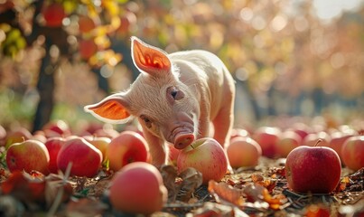Naklejka premium Piglet savoring an apple in an orchard