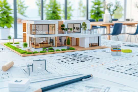 Architect reviewing blueprints with sustainable model house on table