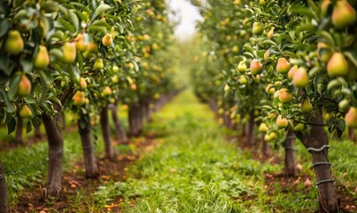 Fototapeta premium Rows of pear trees in an orchard