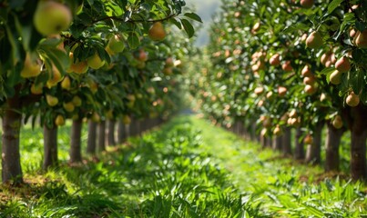 Rows of pear trees in an orchard