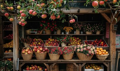 Rustic roadside stand with baskets of apples for sale