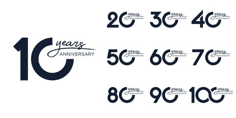 collection anniversary 10 to 100 year logo designs. abstract number for celebration event, wedding, greeting card, and invitation, vector illustration