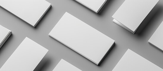 Top view grayscale copy space image of blank business cards on a grey background, ideal for showcasing branding identity in design presentations and portfolios.