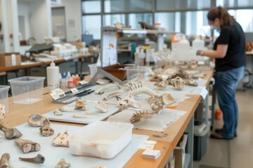 Methods An advanced lab where paleontologists preserve and classify fossils, showcasing various innovative preservation techniques, Modern, Realism