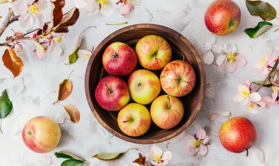 Top view of different autumn apples in a rustic wooden bowl