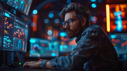 Focused Analyst Working Late at Night Surrounded by Multiple Screens Displaying Data Charts in Modern Office. Generative AI