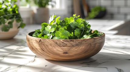 Fresh cilantro leaves in wooden bowl, white marble countertop, vibrant green herbs, close-up food photography, culinary still life, natural lighting.
