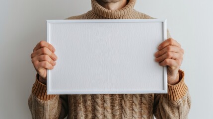 Man holding white blank picture frame covering face