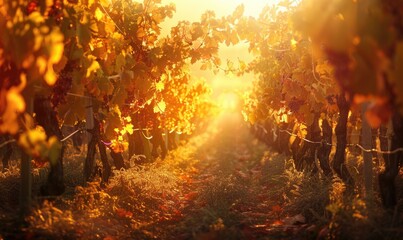 Vineyard at sunrise with golden light illuminating grapevines