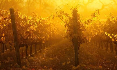 Vineyard at sunrise with golden light illuminating grapevines