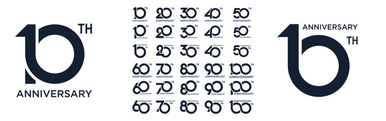 collection anniversary 10 to 100 year logo designs. abstract number for celebration event, wedding, greeting card, and invitation, vector illustration