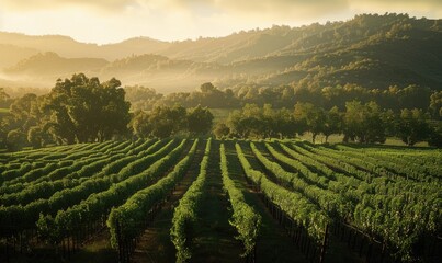 Fototapeta premium Vineyard in late afternoon light with long shadows