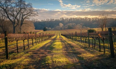 Obraz premium Vineyard in late afternoon light with long shadows