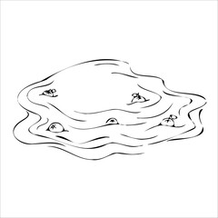 Pond for capybara. Simple hand-drawn vector drawing in black outline. Lake shore, reeds, stones in the water, bumps, swamp. Nature, landscape, duck hunting, fishing. Ink sketch..